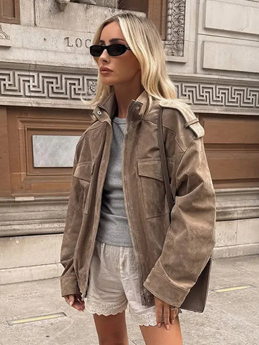 Allure Women’s Suede-Look Jacket with Stand-Up Collar | Pockets | The Lineage