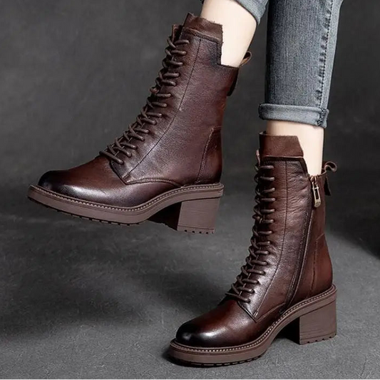 Astra Women’s Winter Ankle Boots in PU Leather | Block Heel | The Lineage