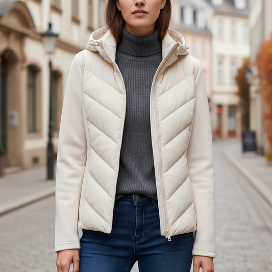 Beyor Women's Patchwork Jacket with Hood | Long-sleeved, sporty beige | The Lineage