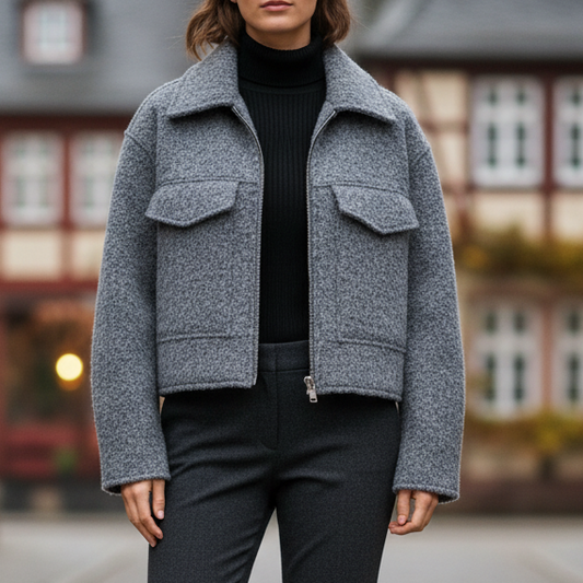 Enna Women’s Short Tweed Look Jacket | Collar, Long Sleeve grey | The Lineage