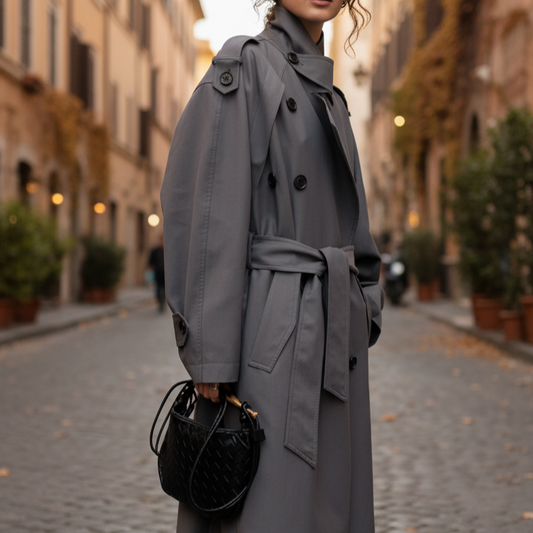 Isotta Women's Oversized Double-Breasted Trench Coat | Relaxed Fit, Raglan Sleeves grey | The Lineage