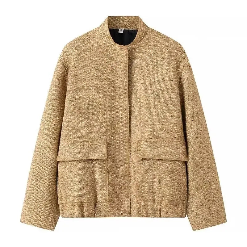 Jalvo Women’s Sequin Jacket | Short, Glitter Finish, Stand-Up Collar gold | The Lineage