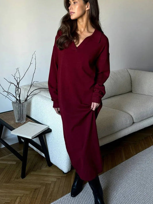 Kiana Women’s Long-Sleeved Knit Dress with Polo Collar | Loose Fit wine red | The Lineage