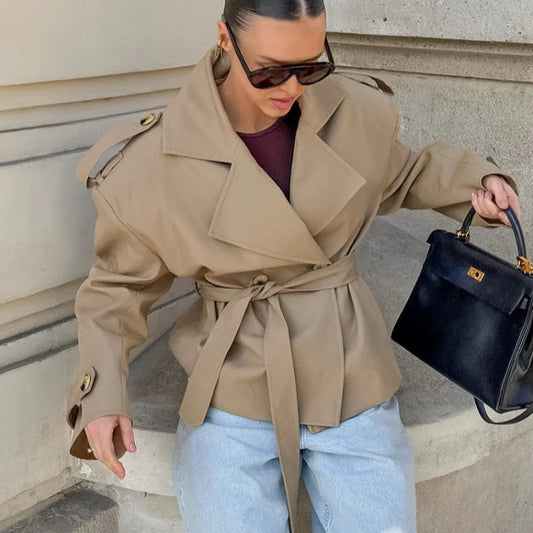 Lyra Women's Belted Windbreaker Jacket | Short, Long Sleeves, Lapel Collar | The Lineage