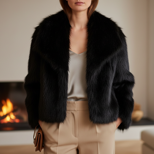 Nero Women’s Faux Fur Jacket | Short Sleeves, Large Collar black | The Lineage