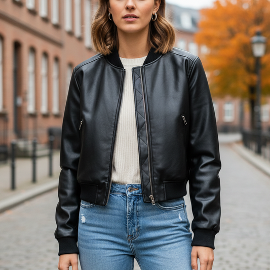 Sezra Women’s PU Leather Bomber Jacket with Stand-Up Collar | Short Cut, Long Sleeves black | The Lineage