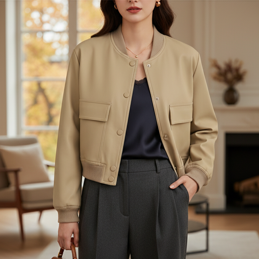 Triva Women’s Bomber Jacket with Pockets | Long Sleeve, Button Closure khaki | The Lineage