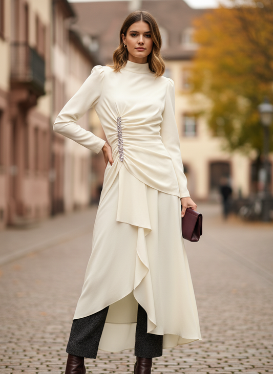 Velle Women’s Evening Dress in Pleated Look | Stand-up collar, long sleeves, high waist white | The Lineage