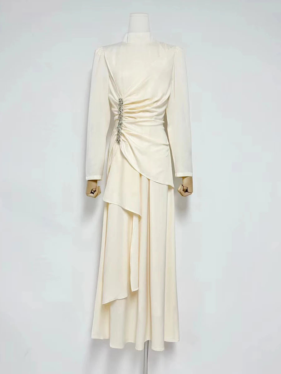 Velle Women’s Evening Dress in Pleated Look | Stand-up collar, long sleeves, high waist | The Lineage