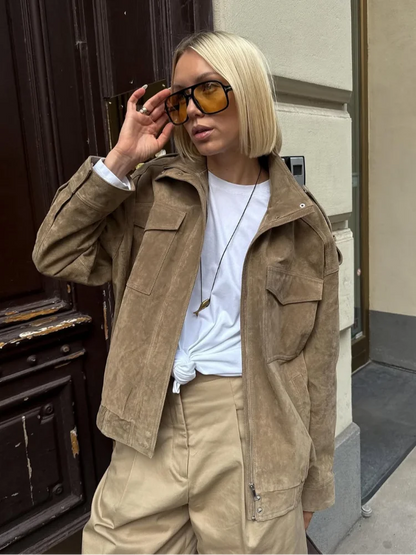 Allure Women’s Suede-Look Jacket with Stand-Up Collar | Pockets light brown | The Lineage