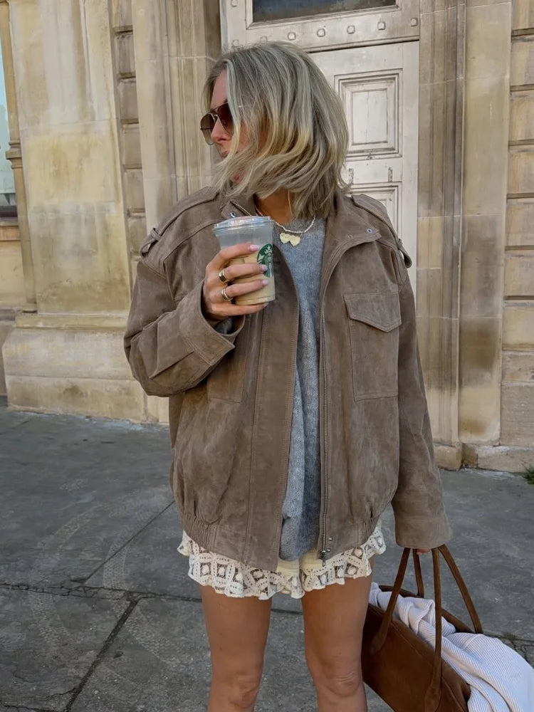 Allure Women’s Suede-Look Jacket with Stand-Up Collar | Pockets | The Lineage