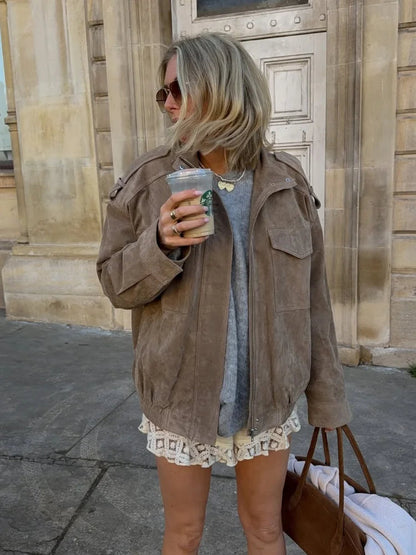 Allure Women’s Suede-Look Jacket with Stand-Up Collar | Pockets | The Lineage