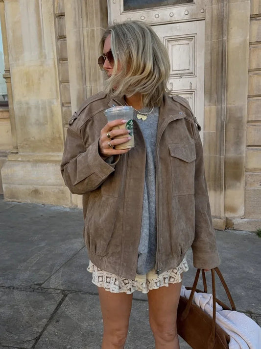 Allure Women’s Suede-Look Jacket with Stand-Up Collar | Pockets | The Lineage