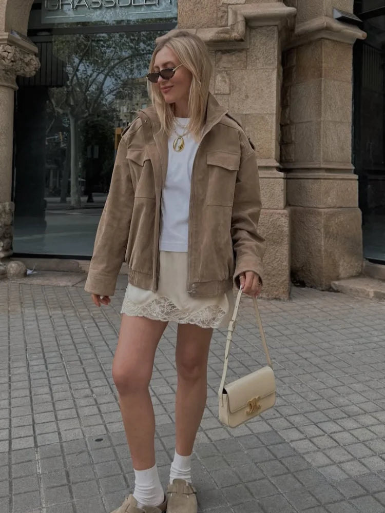 Allure Women’s Suede-Look Jacket with Stand-Up Collar | Pockets | The Lineage