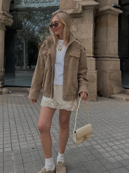 Allure Women’s Suede-Look Jacket with Stand-Up Collar | Pockets | The Lineage