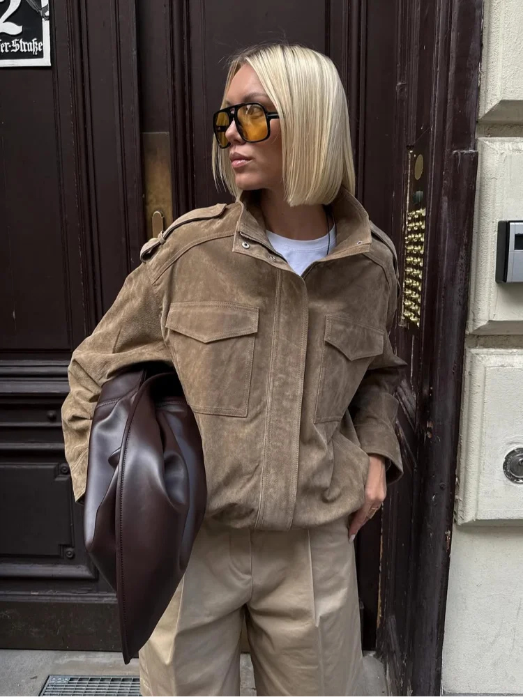 Allure Women’s Suede-Look Jacket with Stand-Up Collar | Pockets | The Lineage