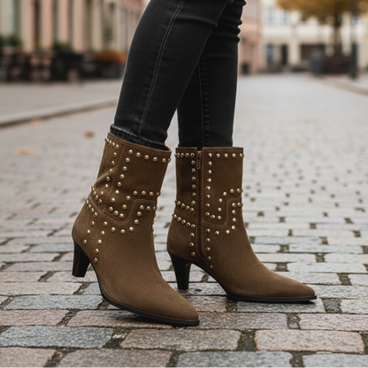 Aneva Women’s Ankle Boots with Heel in Leather Look | Pointed Toe, Stud Details brown | The Lineage