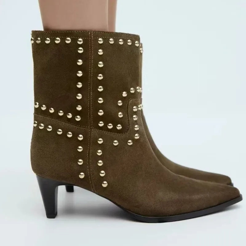 Aneva Women’s Ankle Boots with Heel in Leather Look | Pointed Toe, Stud Details | The Lineage