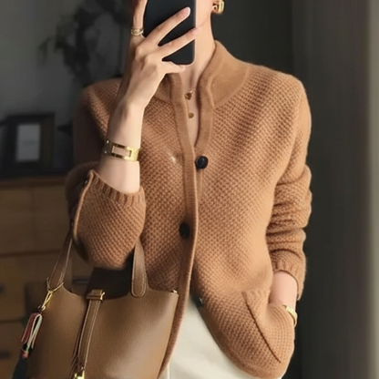 Auren Women’s Winter Cardigan with Stand-Up Collar | Loose Knit camel | The Lineage