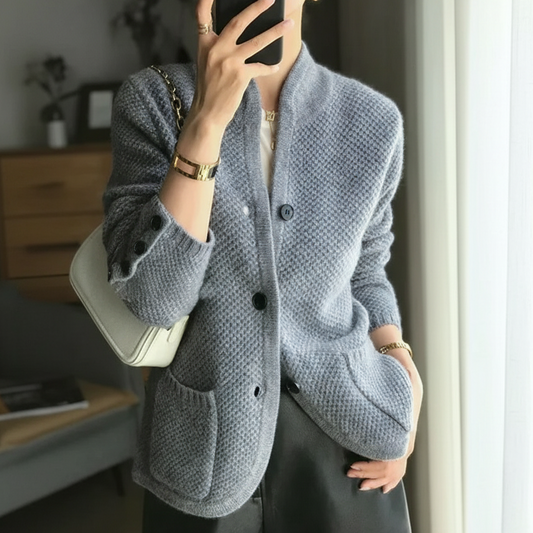 Auren Women’s Winter Cardigan with Stand-Up Collar | Loose Knit grey | The Lineage