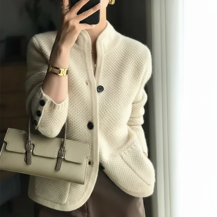 Auren Women’s Winter Cardigan with Stand-Up Collar | Loose Knit beige | The Lineage