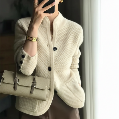 Auren Women’s Winter Cardigan with Stand-Up Collar | Loose Knit beige | The Lineage