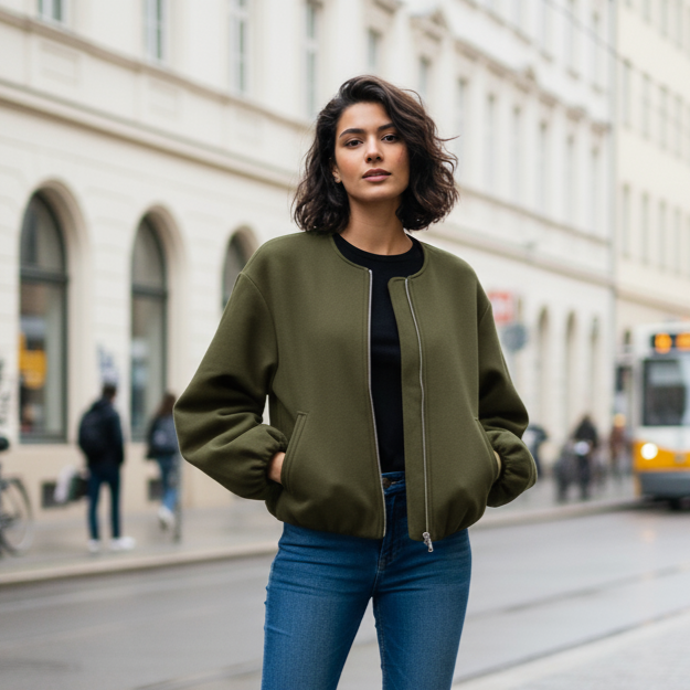 Britta Women’s Cropped Zip-Up Bomber Jacket | Round Neck, Long Sleeves army green | The Lineage