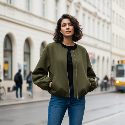 Britta Women’s Cropped Zip-Up Bomber Jacket | Round Neck, Long Sleeves army green | The Lineage