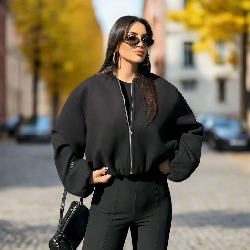 Britta Women’s Cropped Zip-Up Bomber Jacket | Round Neck, Long Sleeves black | The Lineage