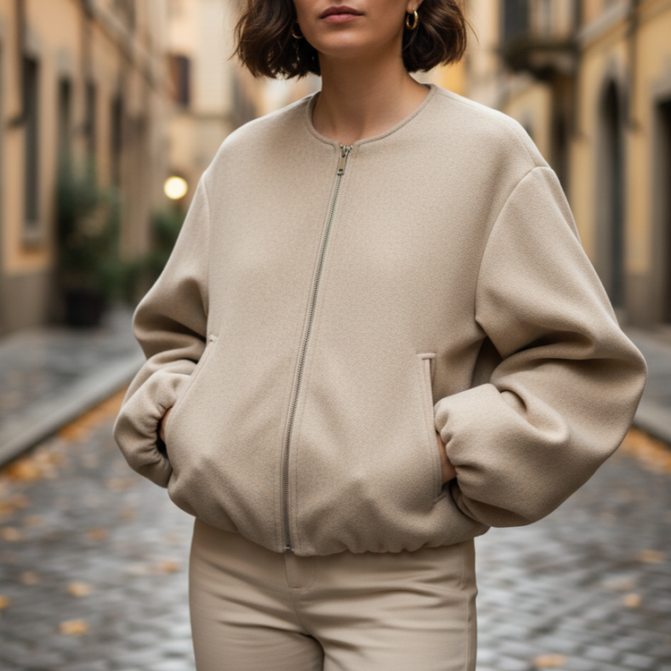 Britta Women’s Cropped Zip-Up Bomber Jacket | Round Neck, Long Sleeves khaki | The Lineage