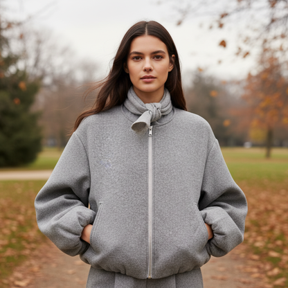 Britta Women’s Cropped Zip-Up Bomber Jacket | Round Neck, Long Sleeves grey | The Lineage