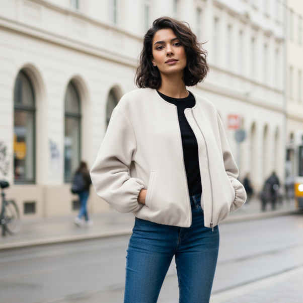 Britta Women’s Cropped Zip-Up Bomber Jacket | Round Neck, Long Sleeves beige | The Lineage