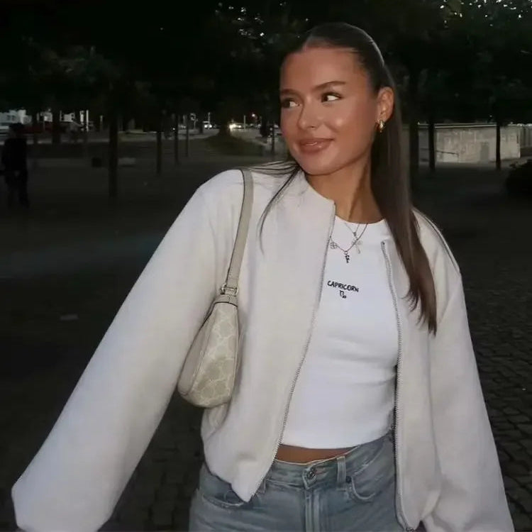 Britta Women’s Cropped Zip-Up Bomber Jacket | Round Neck, Long Sleeves | The Lineage