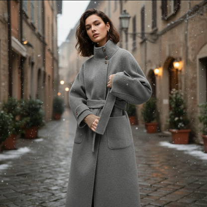 Ciora Women’s Long Coat | Stand-Up Collar, Belted grey | The Lineage