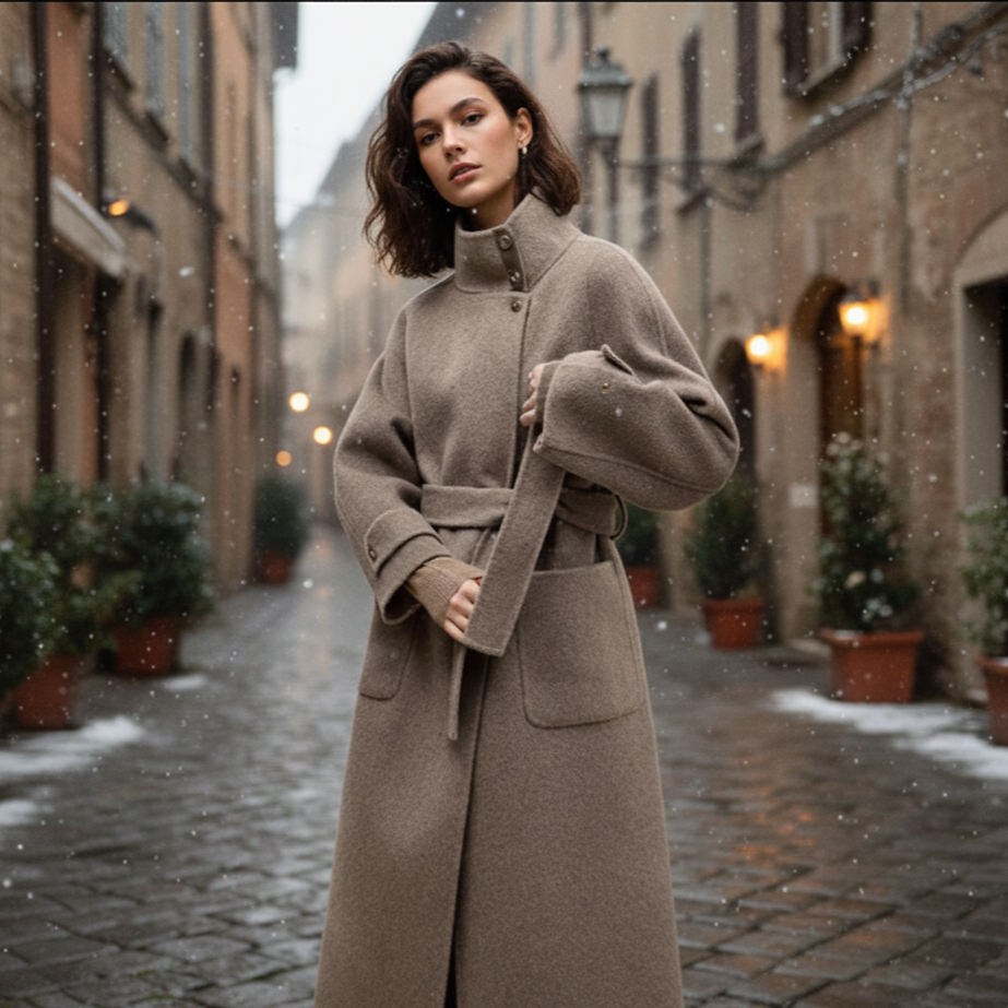 Ciora Women’s Long Coat | Stand-Up Collar, Belted mocha | The Lineage