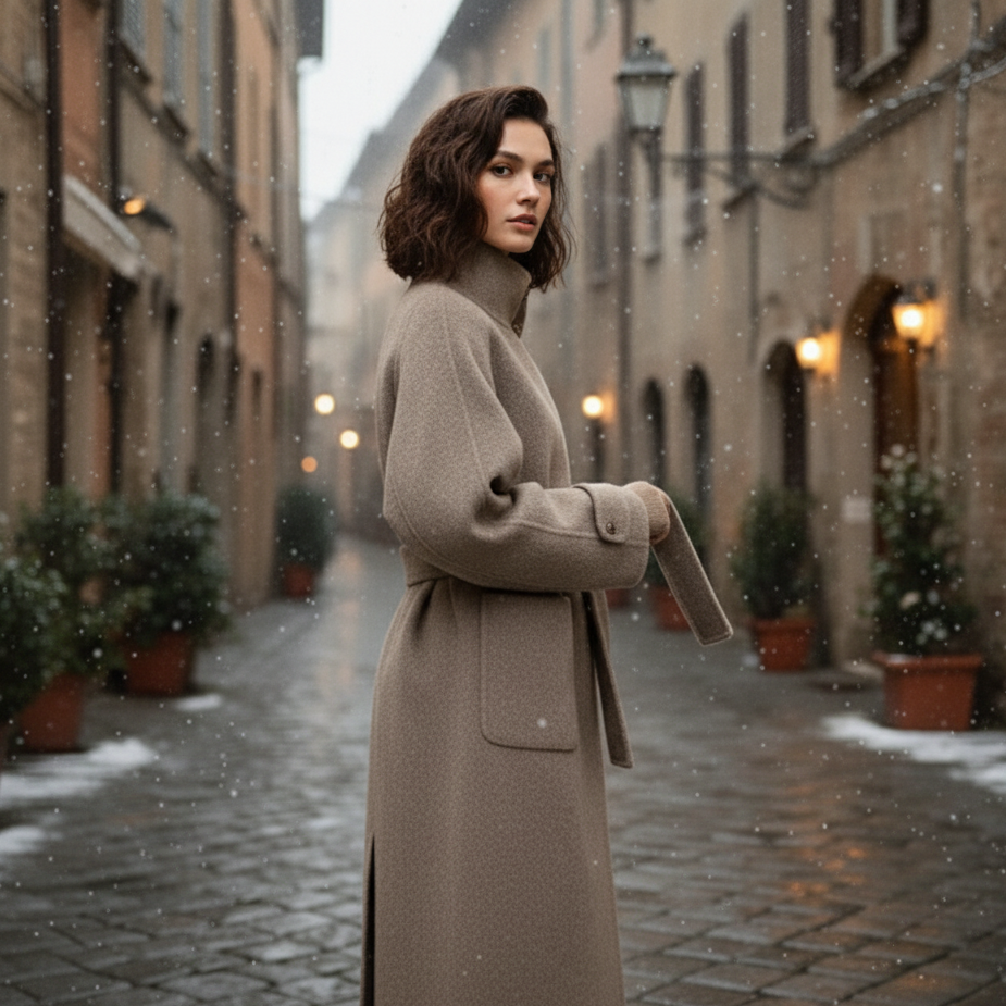 Ciora Women’s Long Coat | Stand-Up Collar, Belted | The Lineage