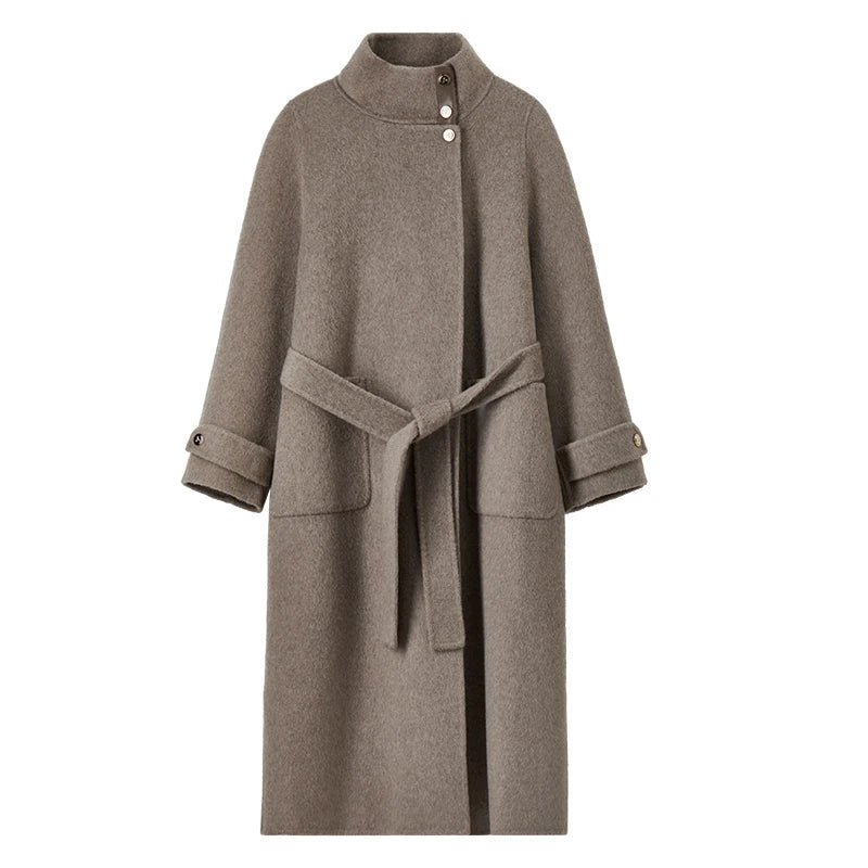 Ciora Women’s Long Coat | Stand-Up Collar, Belted | The Lineage