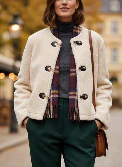 Eleny Women’s Faux Fur Winter Jacket | Toggle Closure, Long Sleeves cream white | The Lineage