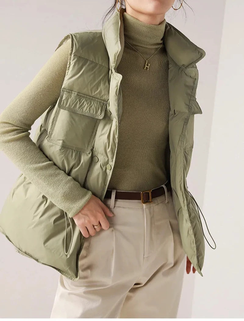 Elin Women’s Down Vest | Warm, lightweight, windproof army green | The Lineage