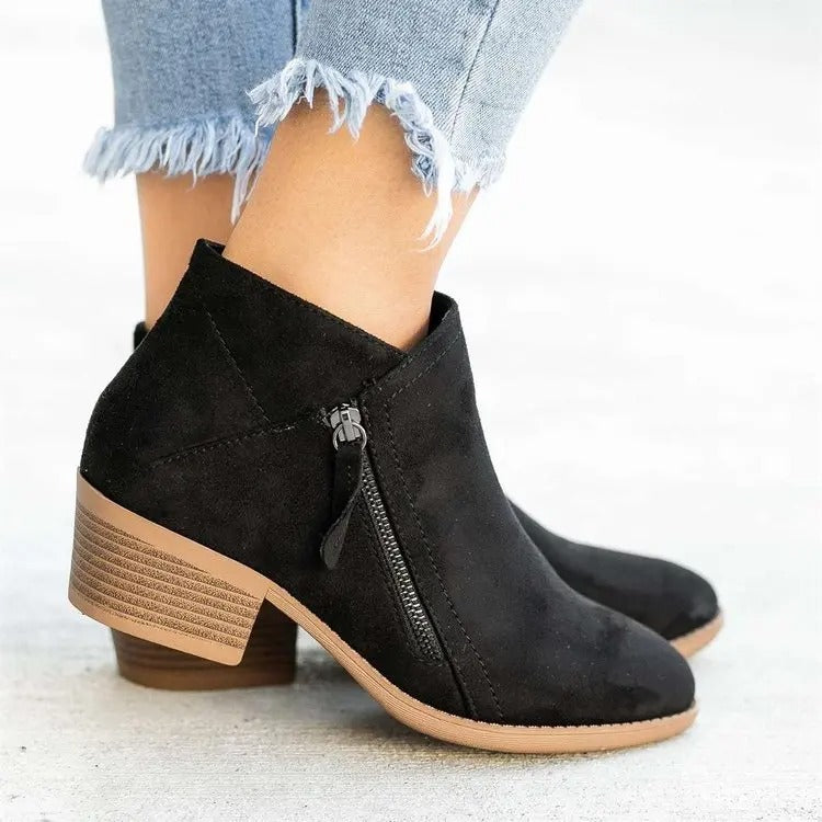 Ellera Women’s Suede Look Ankle Boots | Heel, Side Zipper black | The Lineage