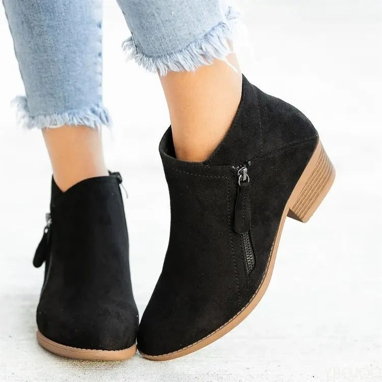 Ellera Women’s Suede Look Ankle Boots | Heel, Side Zipper | The Lineage