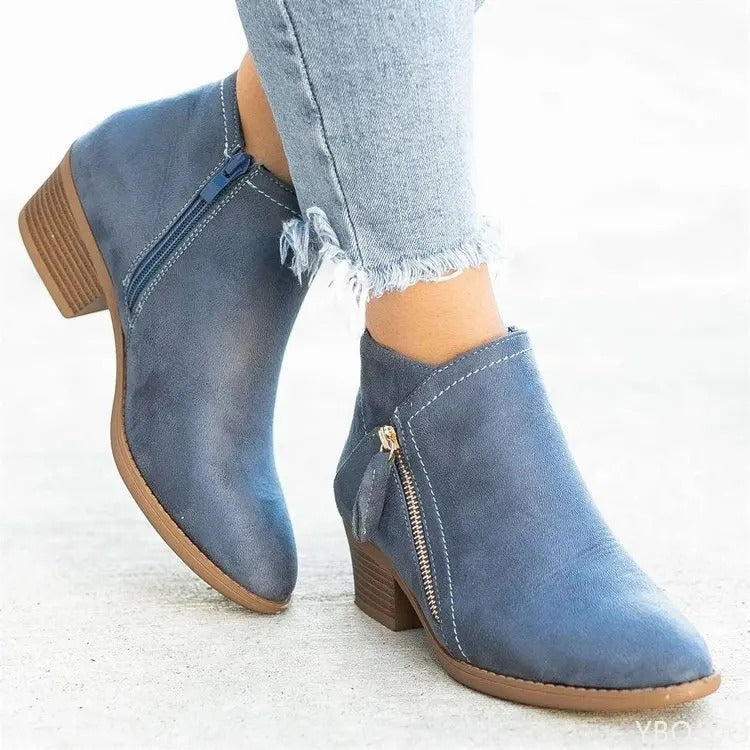 Ellera Women’s Suede Look Ankle Boots | Heel, Side Zipper | The Lineage