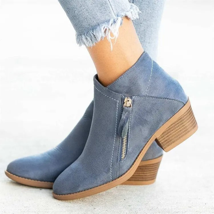 Ellera Women’s Suede Look Ankle Boots | Heel, Side Zipper blue | The Lineage