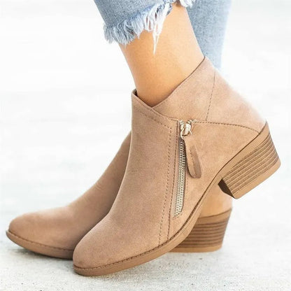 Ellera Women’s Suede Look Ankle Boots | Heel, Side Zipper | The Lineage