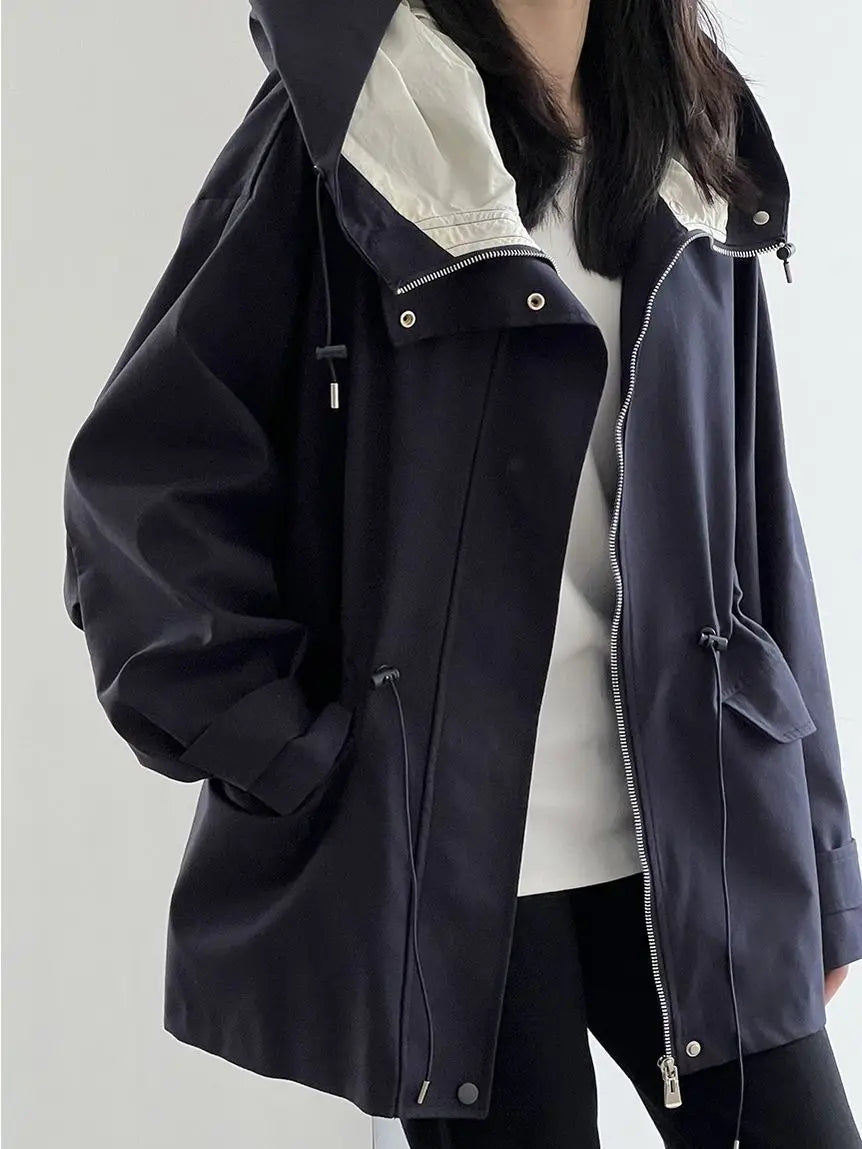 Elvira Women’s Hooded Short Trench Coat | Wide Fit navy blue | The Lineage