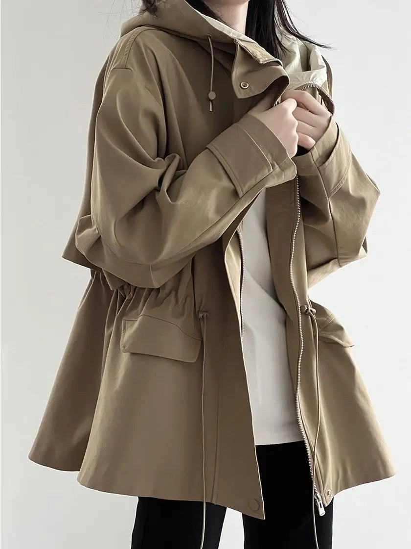 Elvira Women’s Hooded Short Trench Coat | Wide Fit khaki | The Lineage