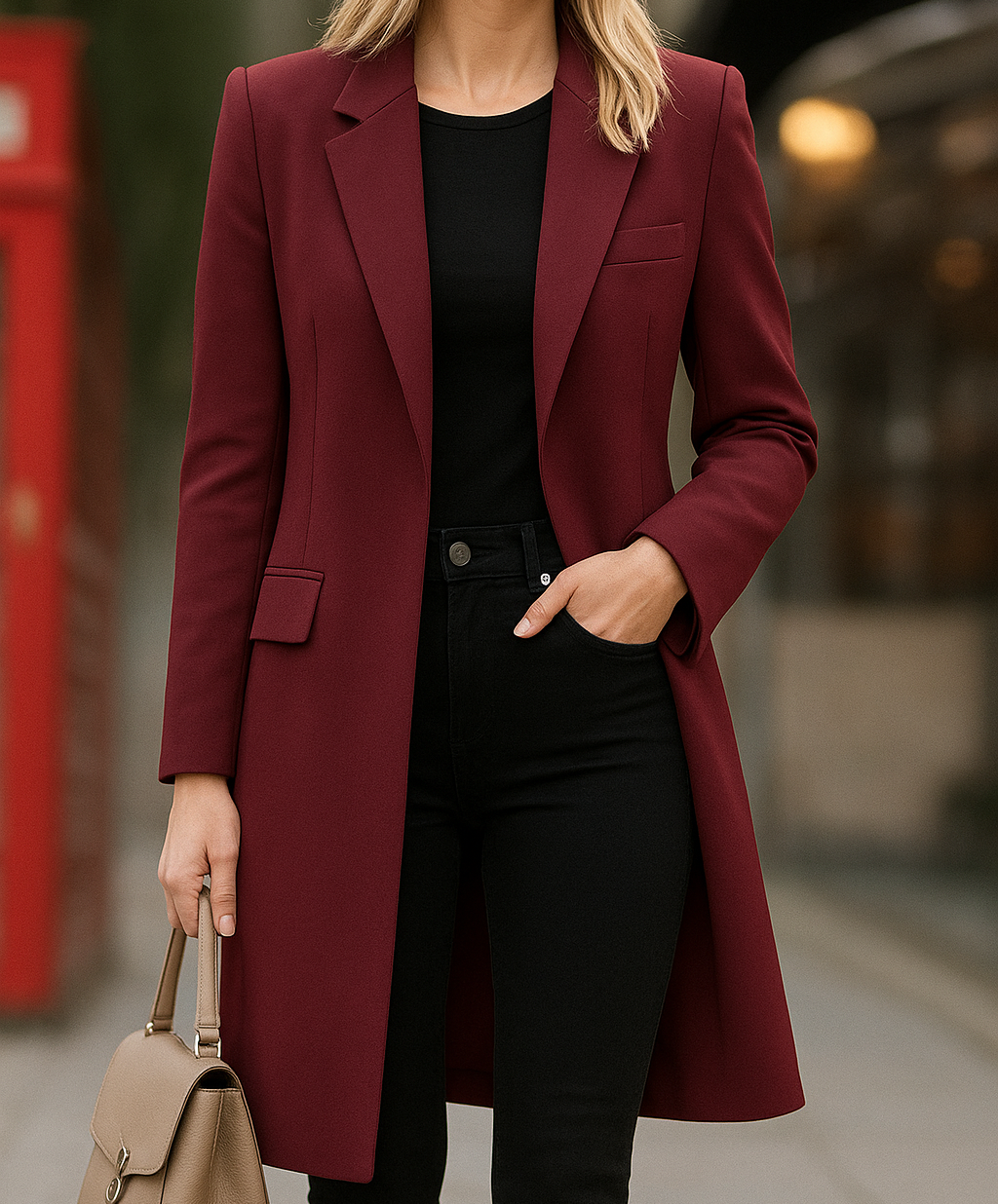 Elvyn Women’s Single-Breasted Coat | Knit Look, Straight Cut burgundy | The Lineage