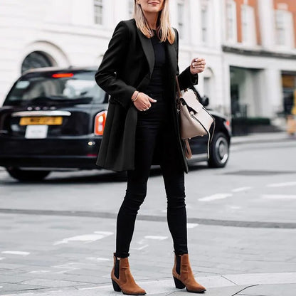 Elvyn Women’s Single-Breasted Coat | Knit Look, Straight Cut | The Lineage