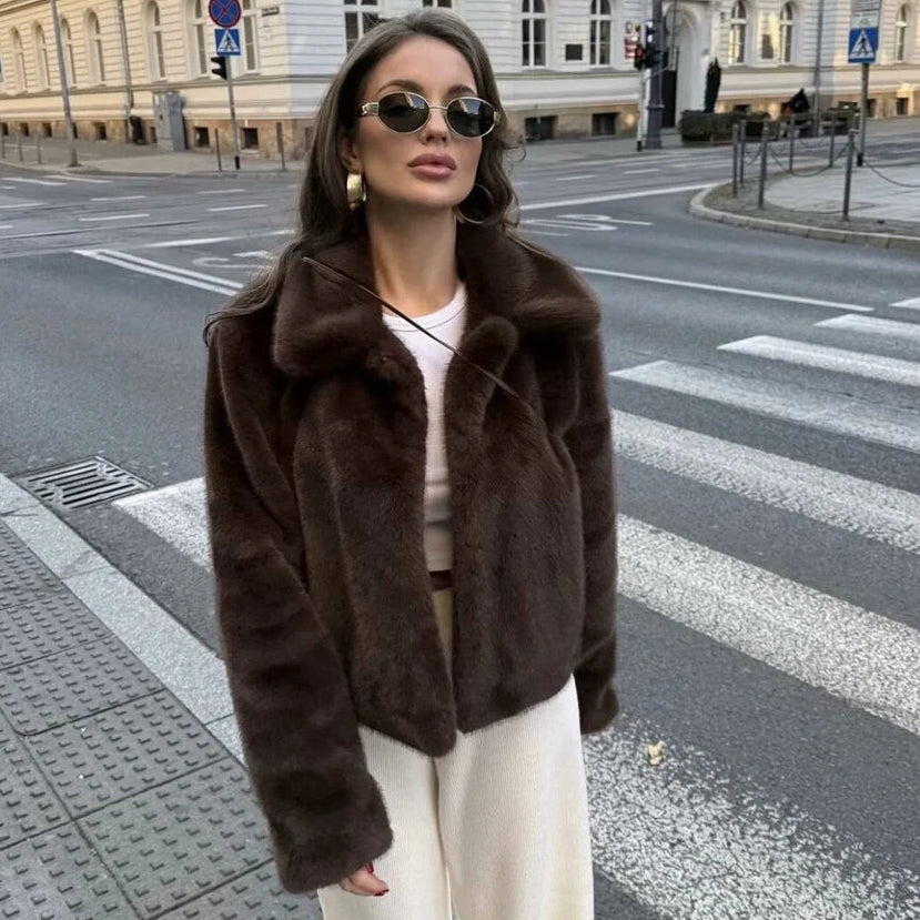 Ezel Women’s Short Faux Fur Coat with Turn-Down Collar | Warm, Loose Fit | The Lineage