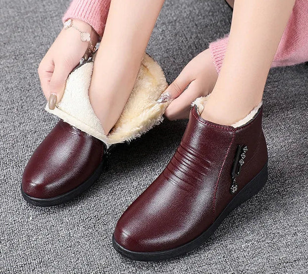 Fayn Women’s Waterproof Winter Boots in PU Leather | Warm, Non-Slip, Soft Fur Lining wine red | The Lineage